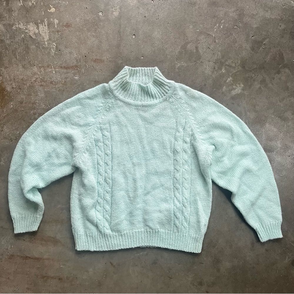 American Vintage Light Mint Green Cable Knit Turtleneck Sweater